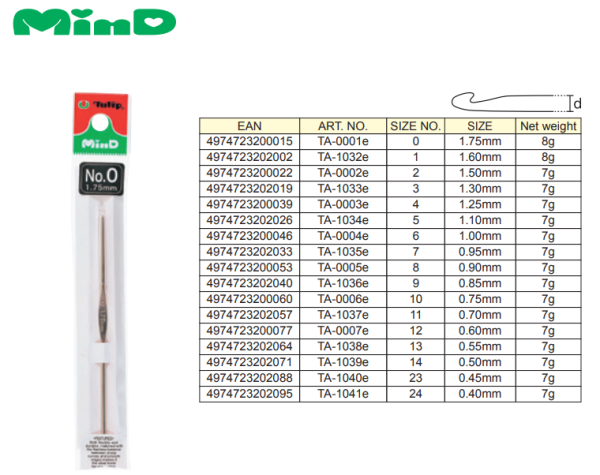 Крючок для вязания "MinD" 1.1 мм, Tulip, TA-1034e